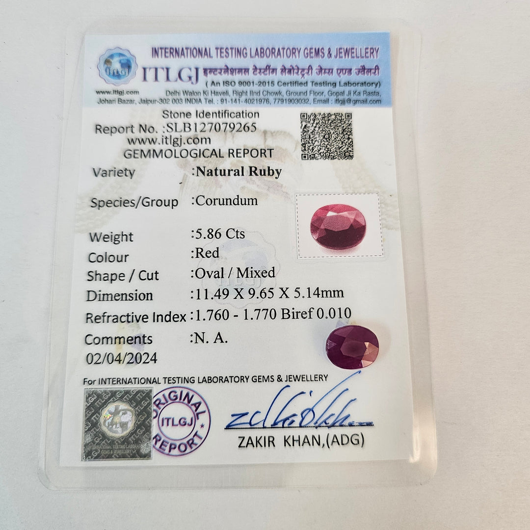 Certified Ruby (Manik) 5.85 Cartas (6.44 Ratti)