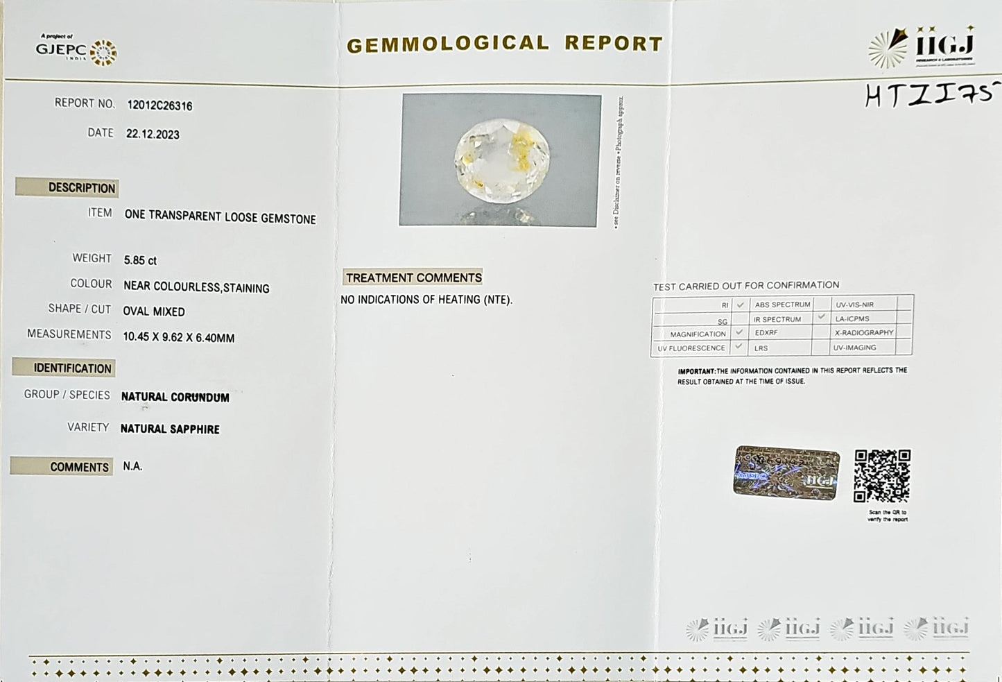 Certified White Sapphire-5.85 Carats (6.45 Ratti) Sri Lanka (Ceylon), SKU:HTZI75