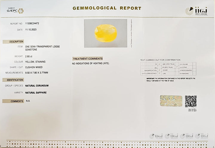 Certified Yellow Sapphire (Pukhraj) 2.85 Cts (3.14 Ratti) Sri Lanka (Ceylon)