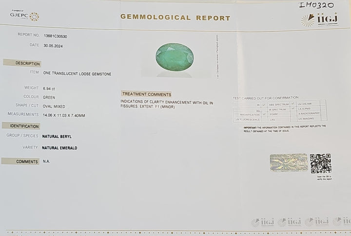 Certified Zambian Emerald (Panna)-7.00 Carats (7.70 Ratti) Zambia, SKU:IH0320