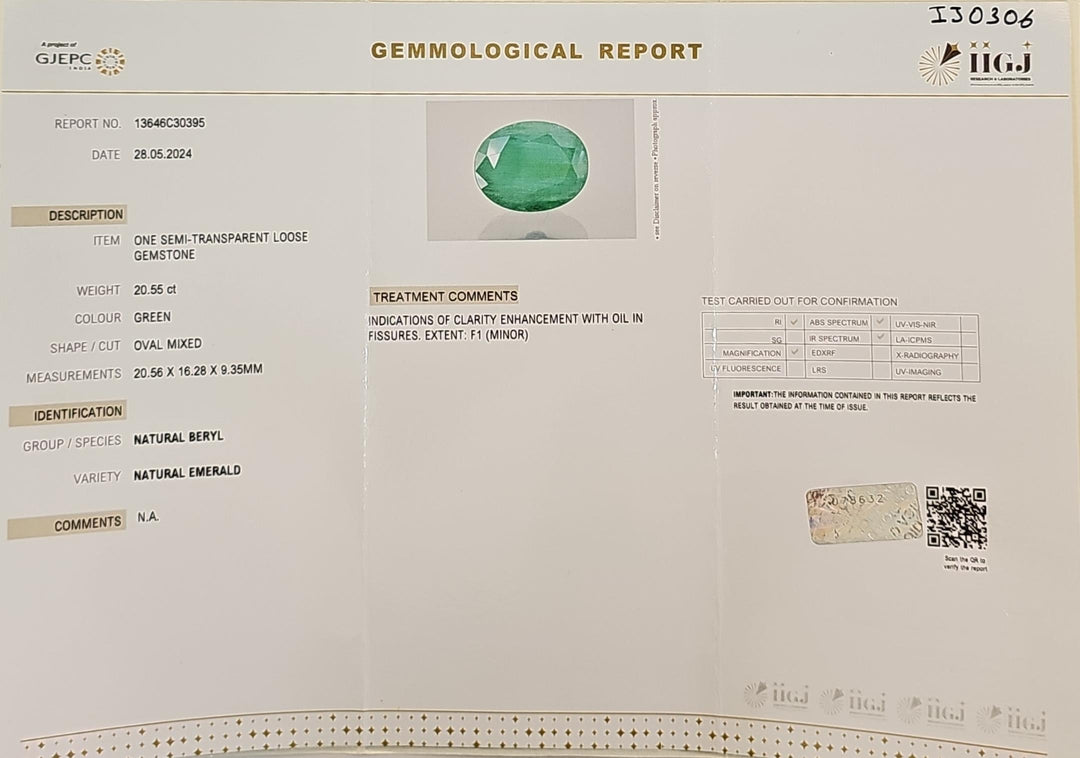 Certified Emerald (Panna)-20.54 Carats (22.59 Ratti) Zambia, SKU:J0306