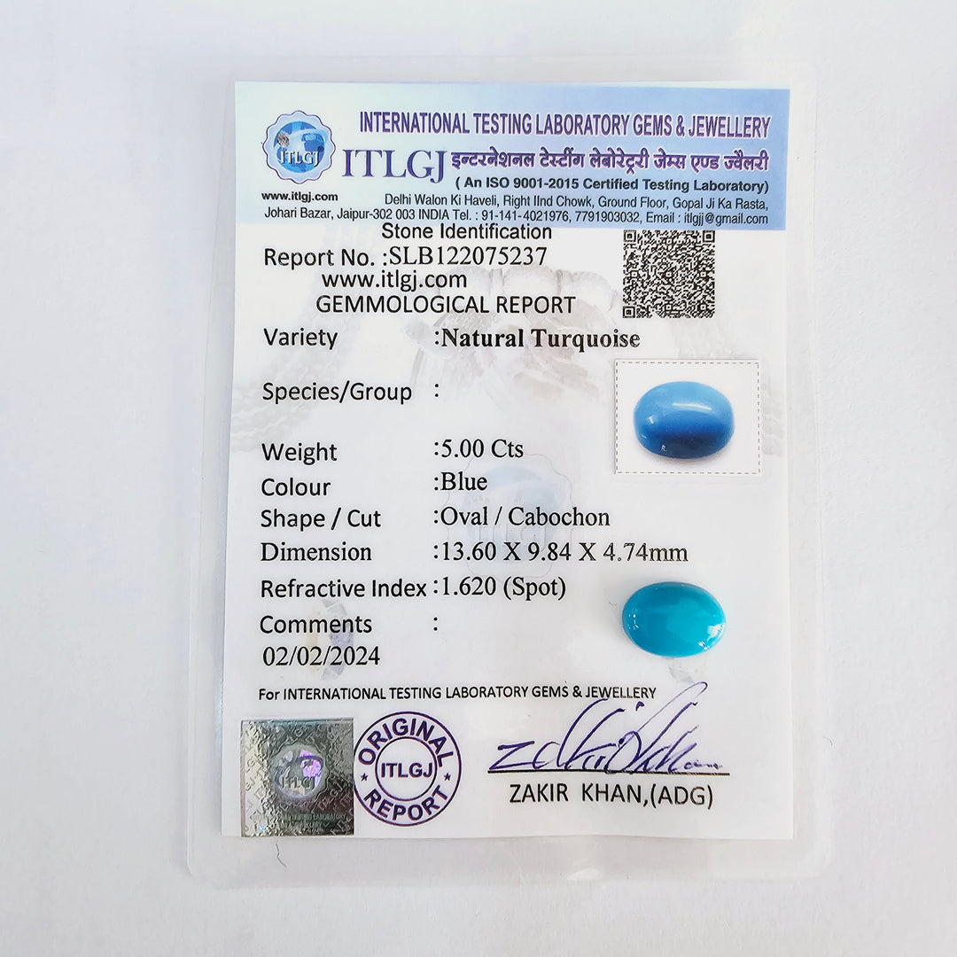 Certified Arizona Turquoise (Firoza) Oval 5.00 Ct (5.50 Ratti)