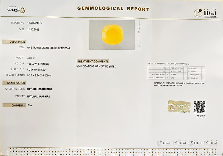 Yellow Sapphire (Pukhraj) 4.36 Cts (4.80 Ratti) Burma