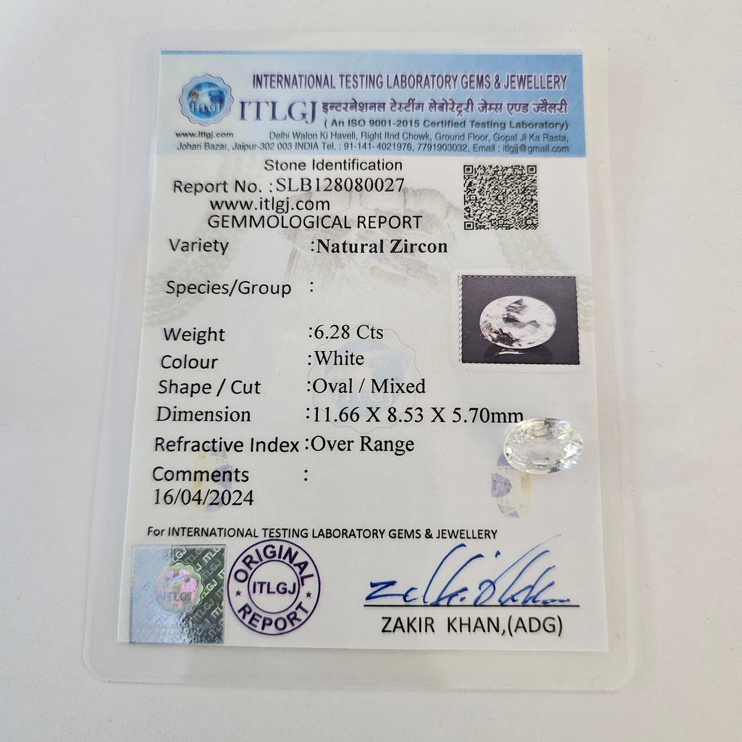 Certified White Zircon 6.30 Cts (6.93 Ratti)