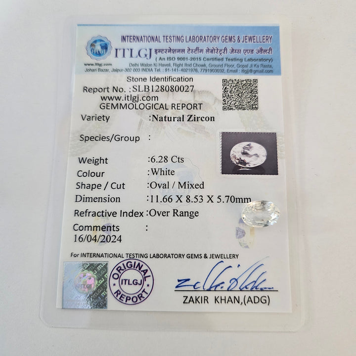 Certified White Zircon 6.30 Cts (6.93 Ratti) ITVW10