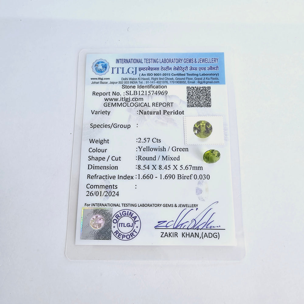 Certified Peridot Round 2.40 Carats IUSI29