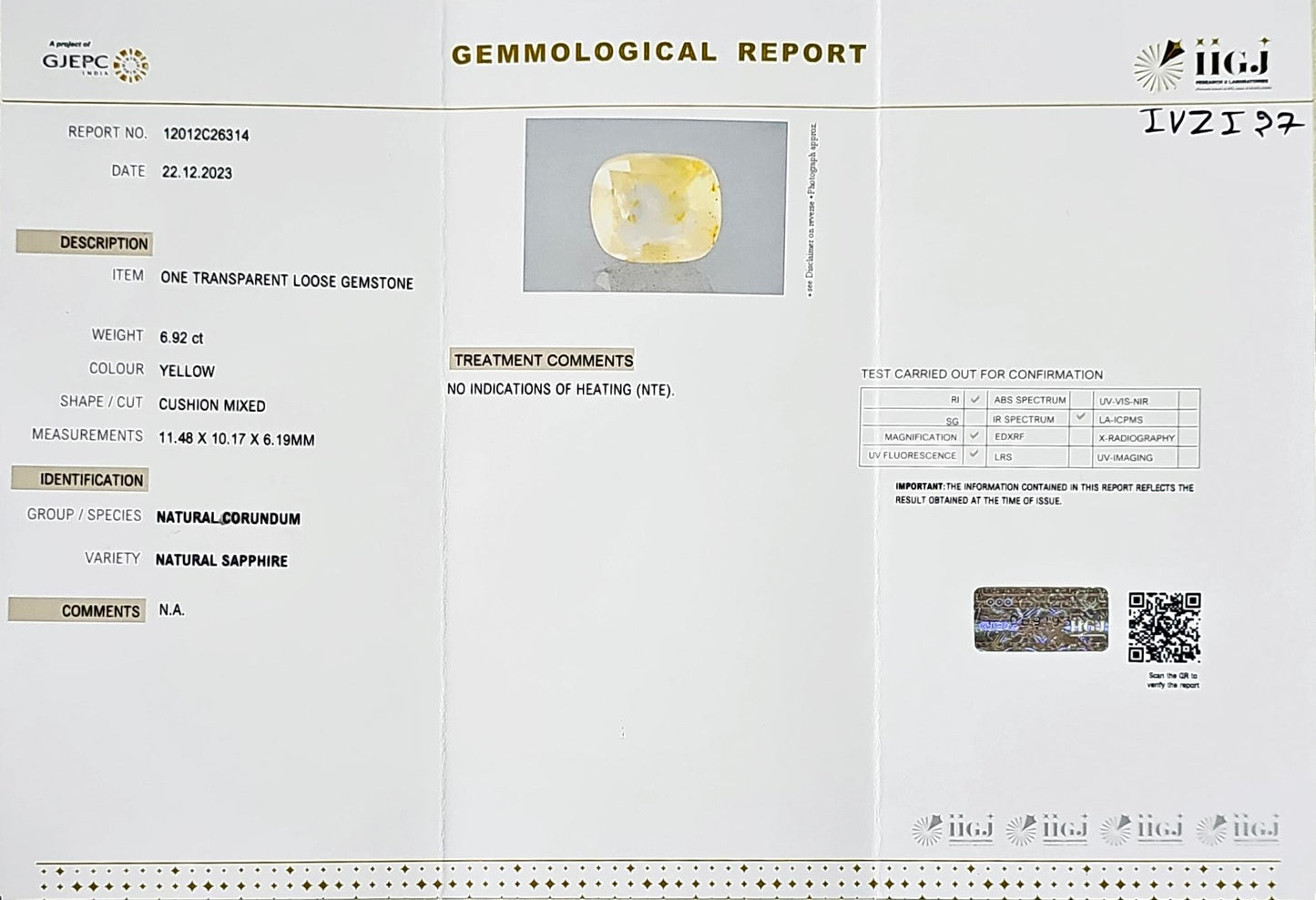 Certified Yellow Sapphire-6.92 Carats (7.61 Ratti) Sri Lanka (Ceylon), SKU: IVZI27