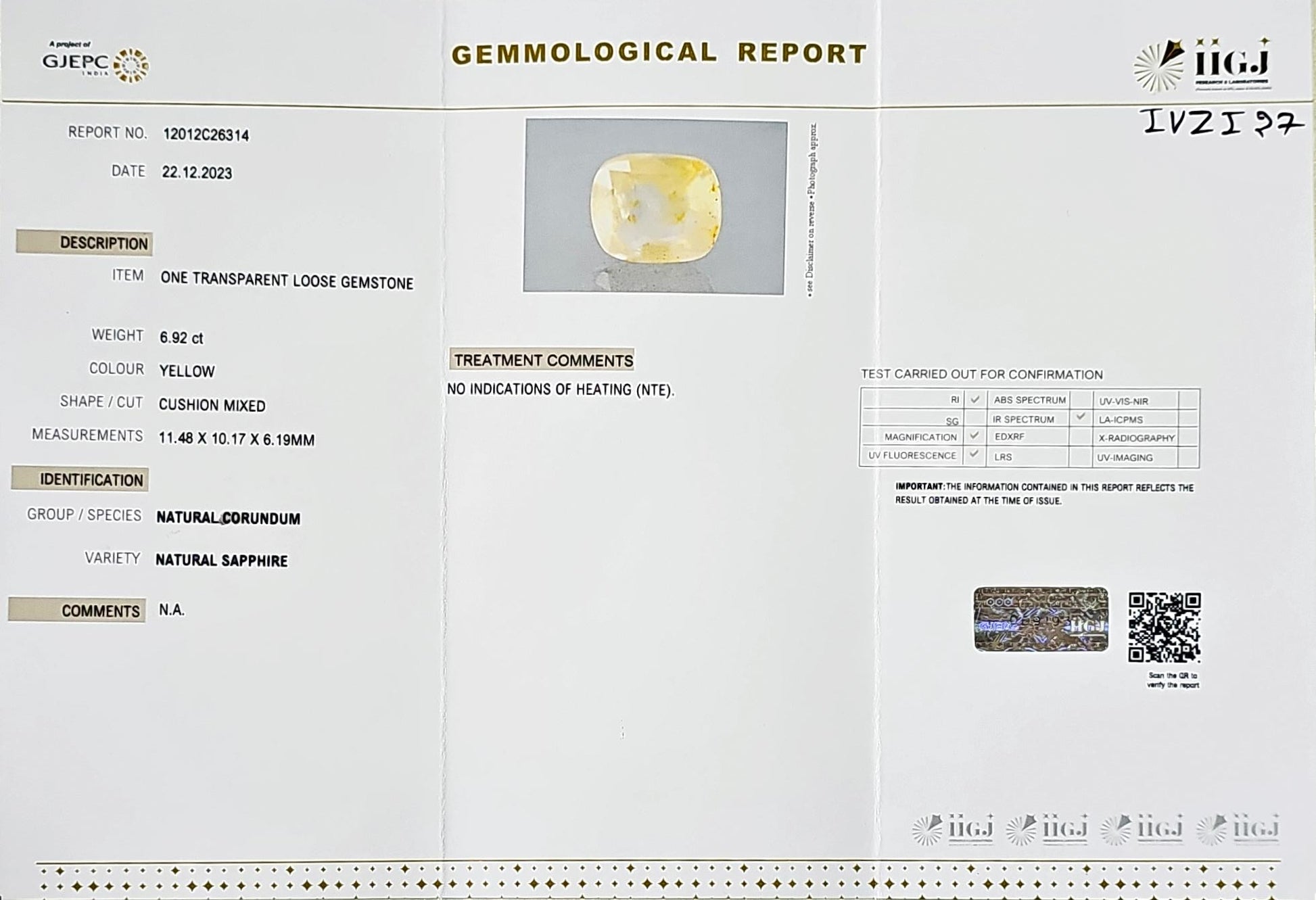 Certified Yellow Sapphire-6.92 Carats (7.61 Ratti) Sri Lanka (Ceylon), SKU: IVZI27