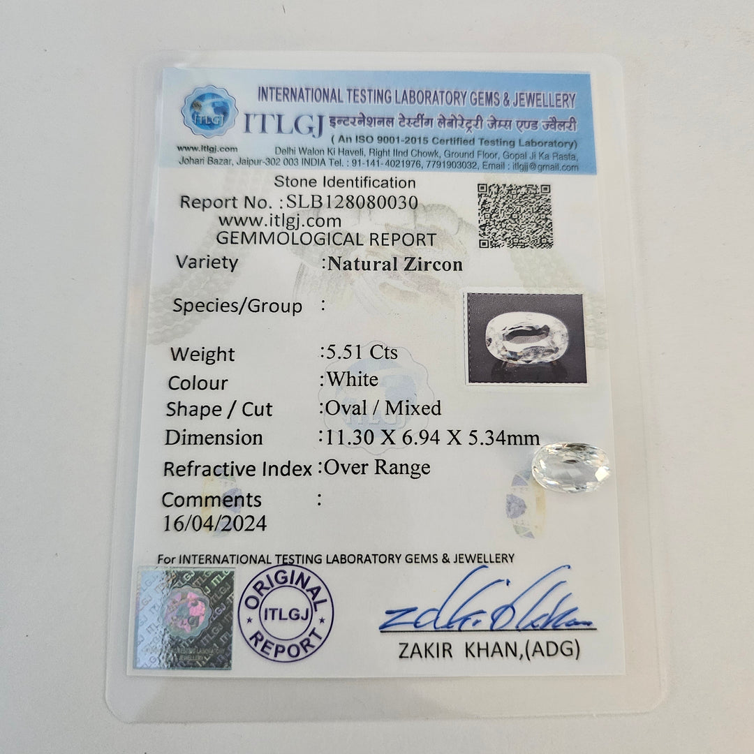 Certified White Zircon 5.49 Cts (6.04 Ratti)