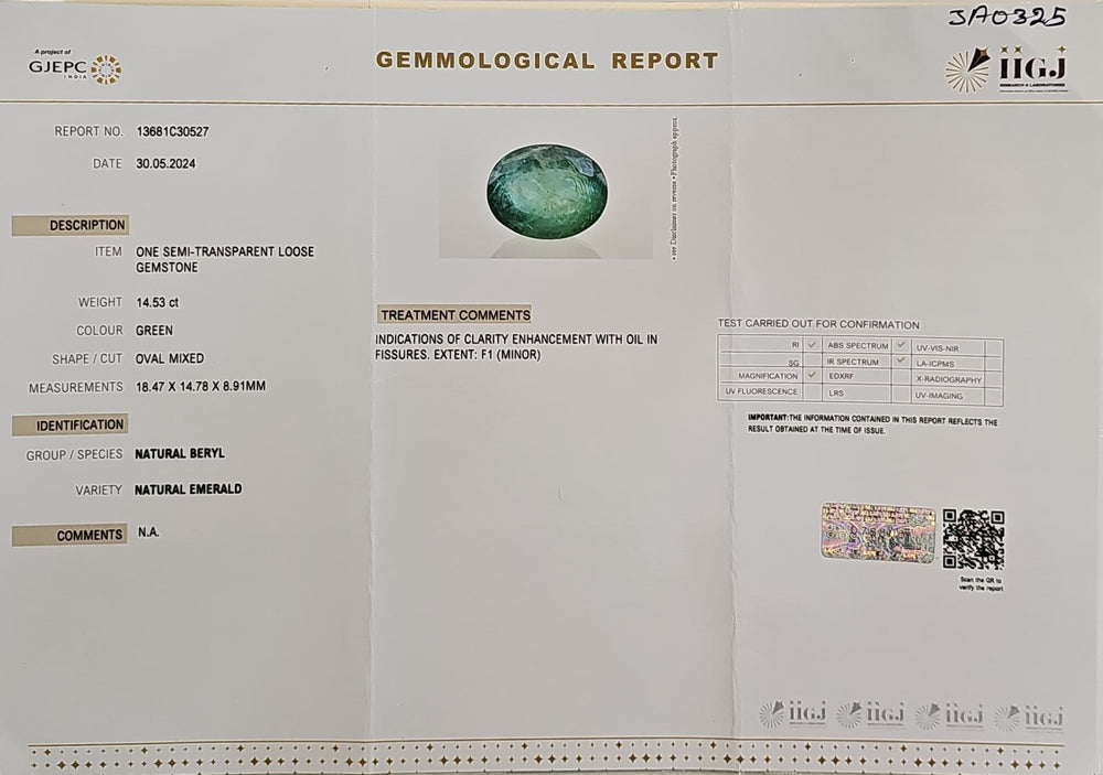 Certified Zambian Emerald (Panna)-14.50 Carats (15.95 Ratti) Zambia, SKU:JA0325