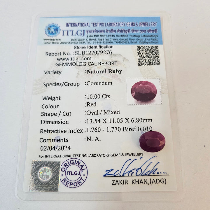 Certified Ruby (Manik) 10.00 Cartas (11.00 Ratti) SKU:JGZA39