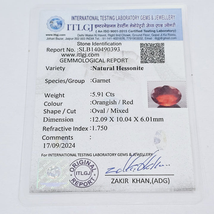 Certified Hessonite (Gomed) 5.91 Cts (6.50 Ratti) India JYNF92