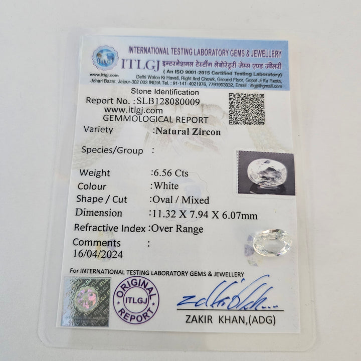 Certified White Zircon 6.56 Cts (7.22 Ratti)