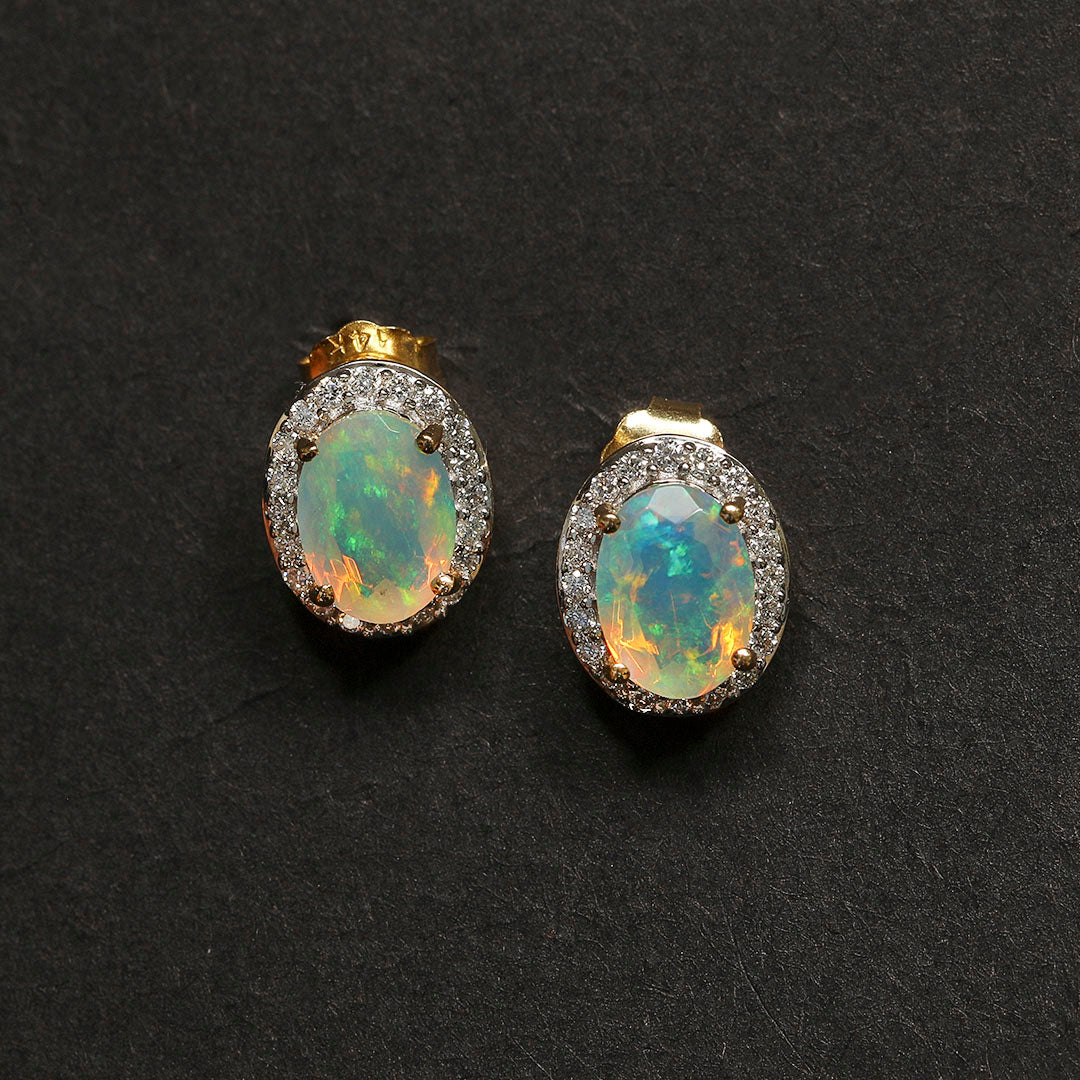 Celestial Glow Opal Diamond and 14k Gold Earring Studs(JZNK86)