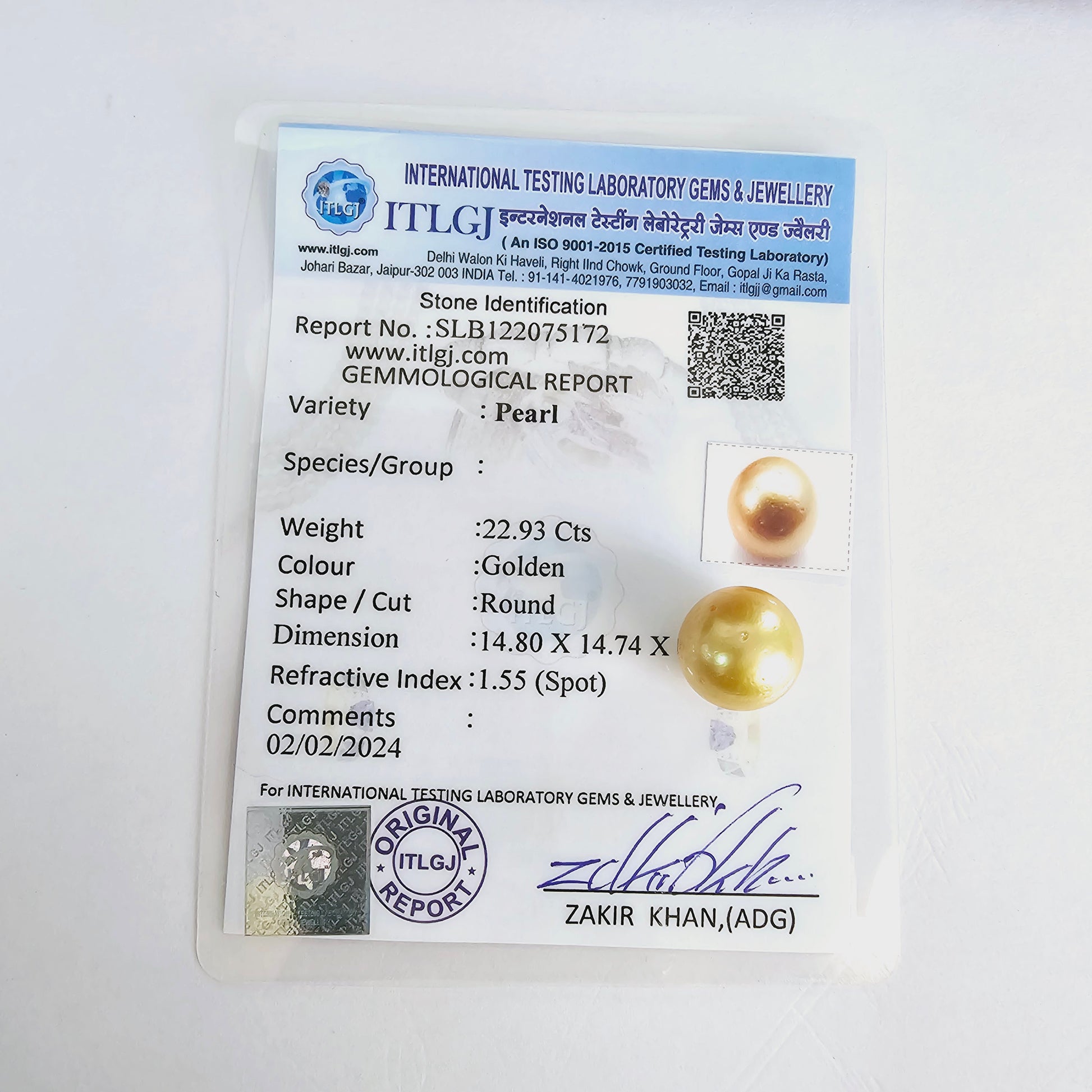 Certified Golden South Sea Pearl Full Drilled 14mm 22.93 Carats (Ratti 25.22)