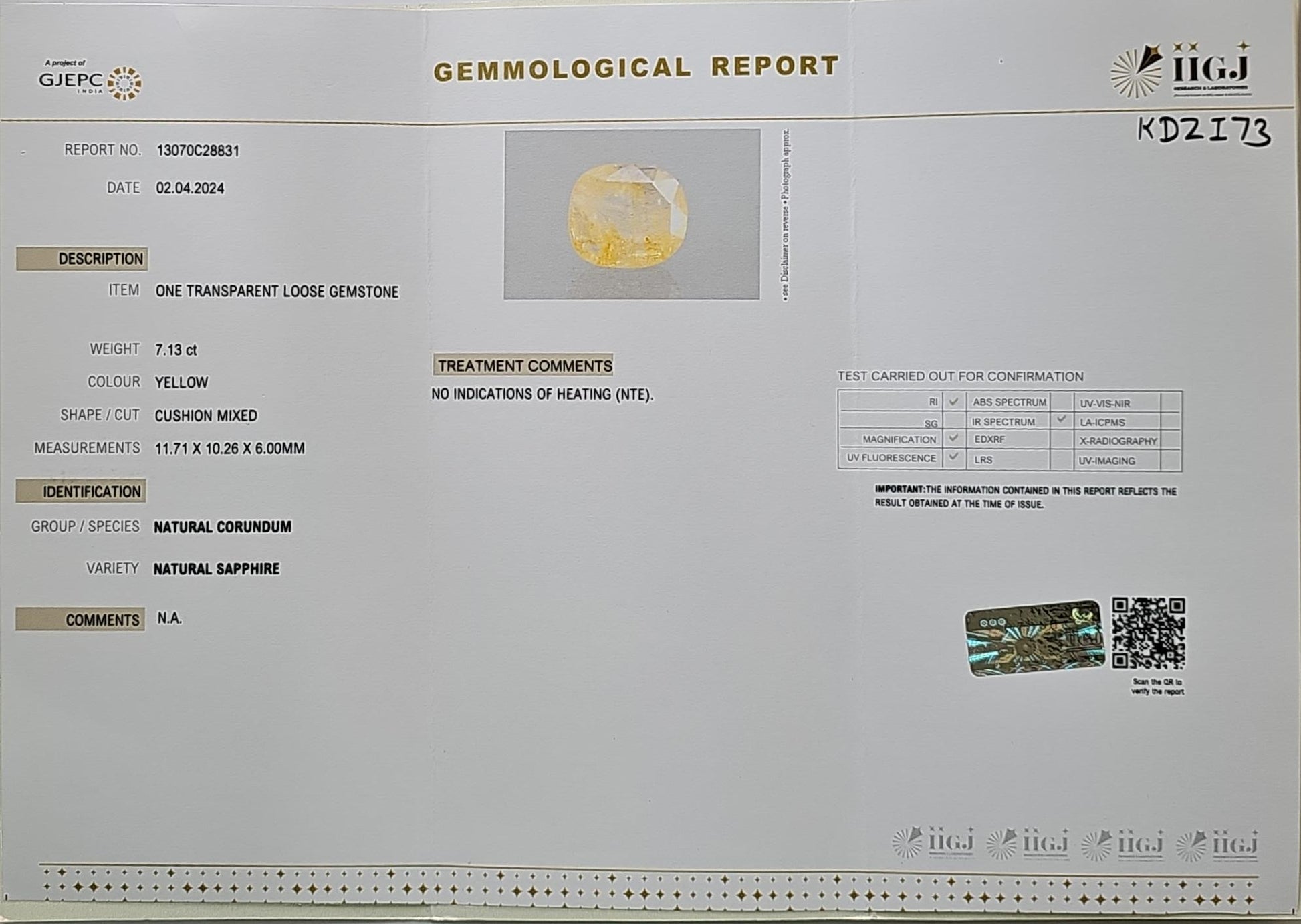 Yellow Sapphire (Pukhraj) 7.11 Cts (7.82 Ratti) Sri Lanka (Ceylon)