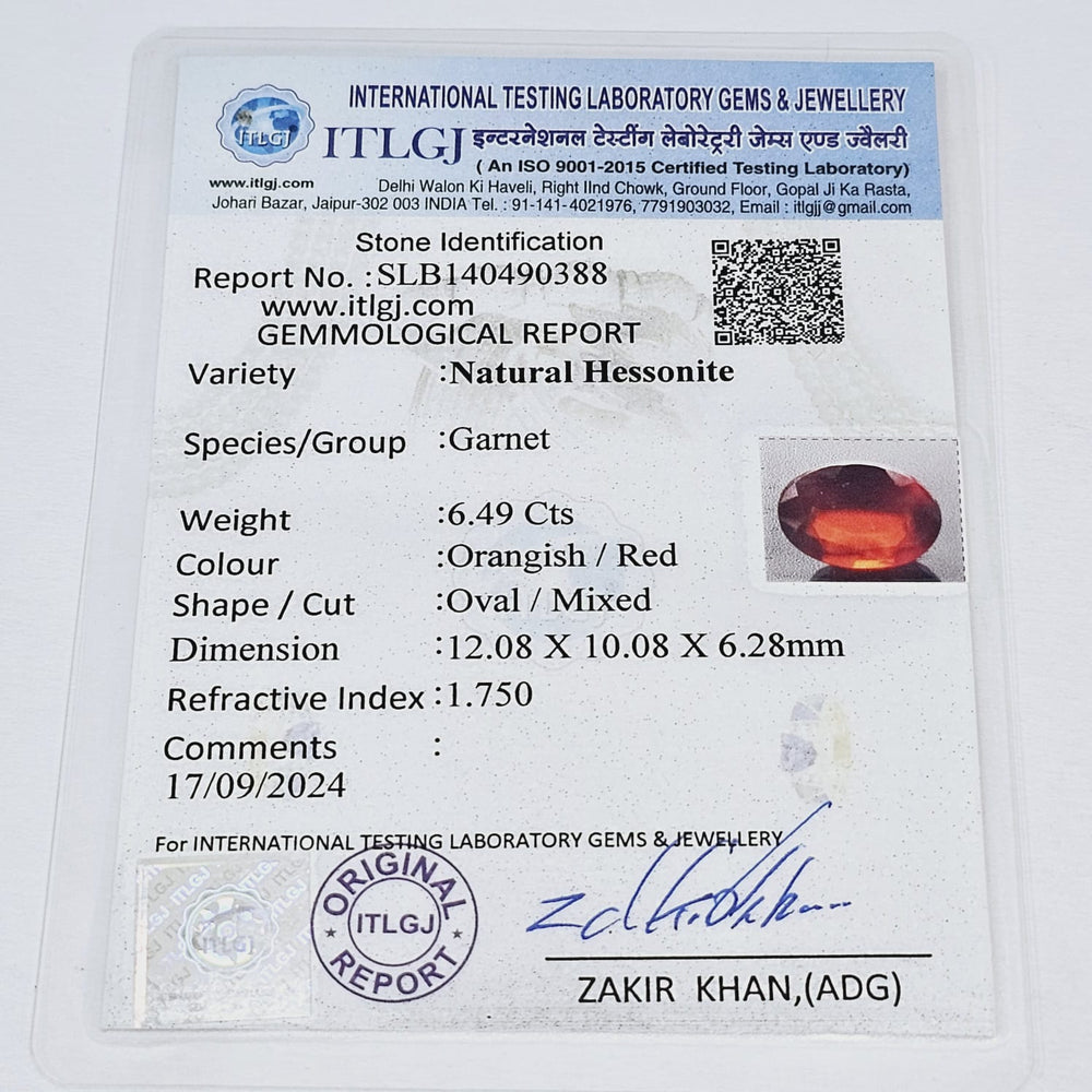 Certified Hessonite (Gomed) 6.48 Cts (7.12 Ratti) India KHNF15
