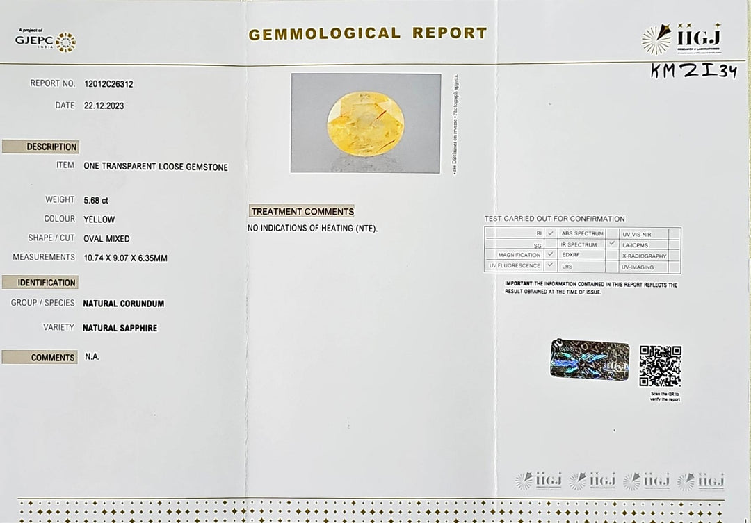 Yellow Sapphire (Pukhraj) 5.68 Cts (6.25 Ratti) Sri Lanka (Ceylon)