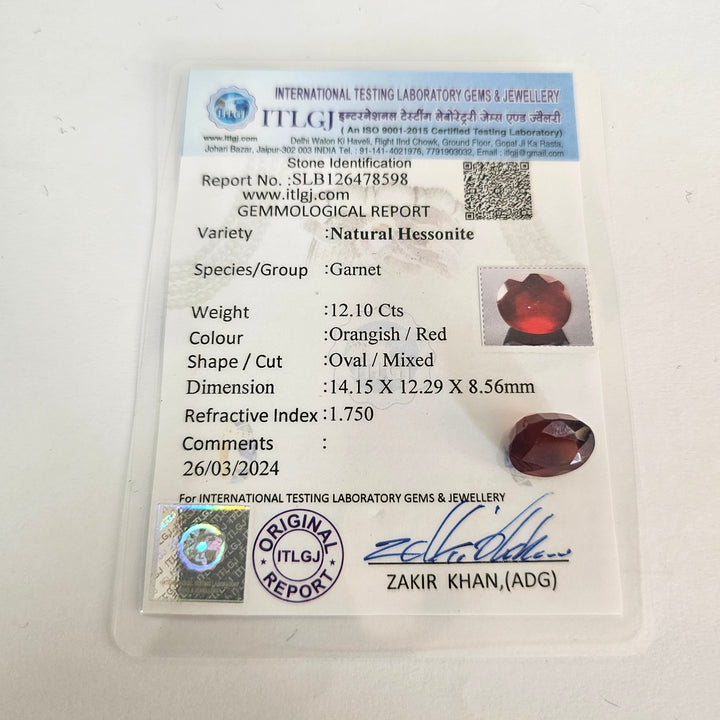 Certified Hessonite (Gomed) 12.10 Cts (13.31 Ratti) Sri Lanka (Ceylon)