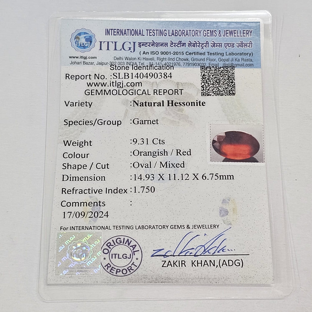 Certified Hessonite (Gomed) 9.31 Cts (10.24 Ratti) India KPNF50