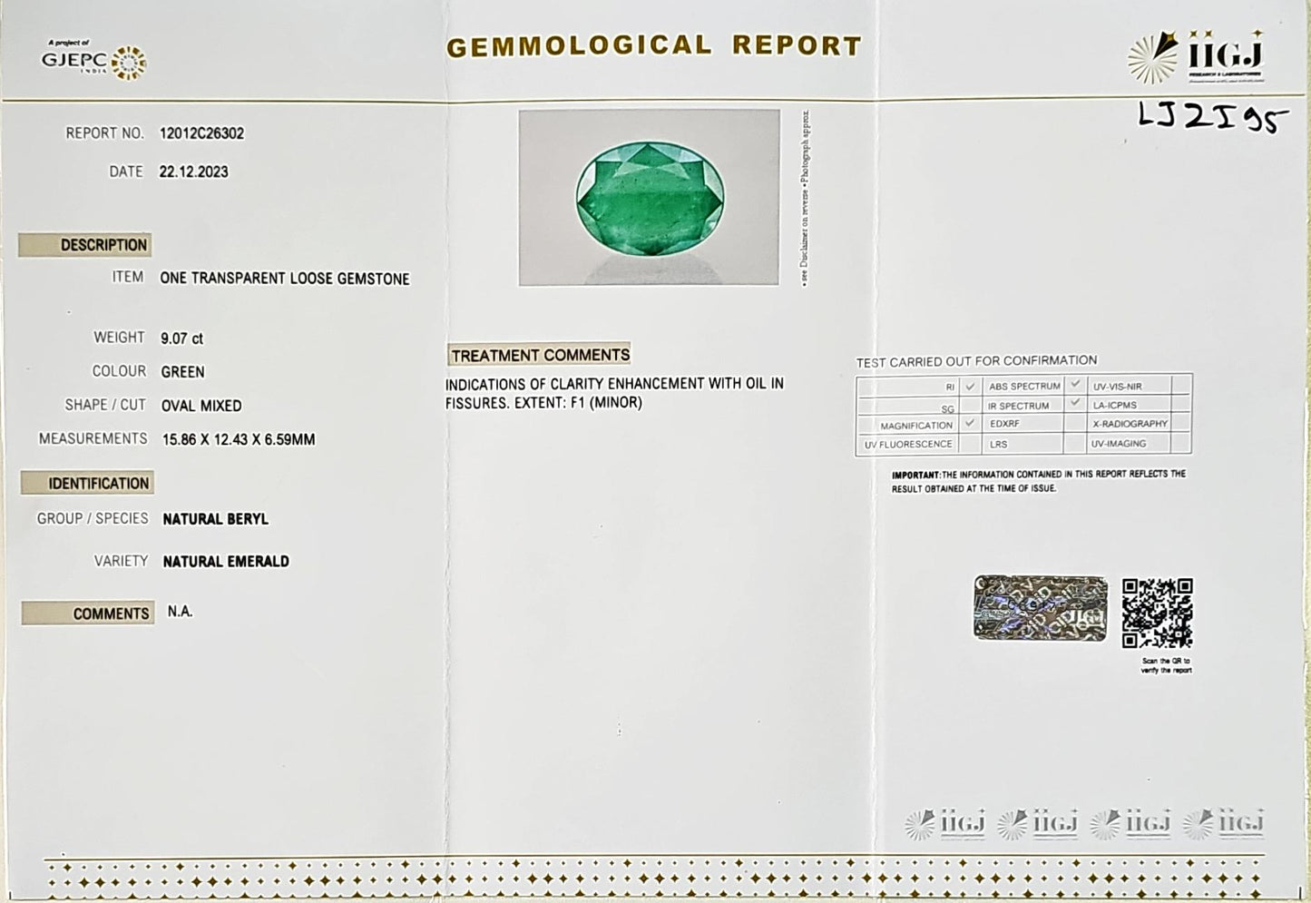 Certified Zambian Emerald (Panna)-9.08 Carats (9.99 Ratti) Zambia, SKU:LJZI95