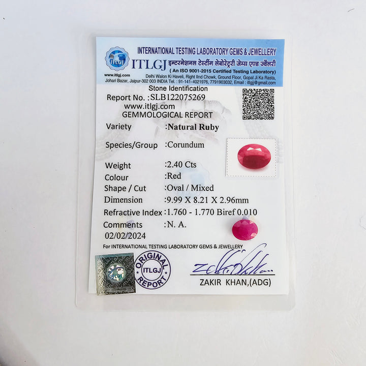 Certified Ruby (Manik) 2.42 Carats (2.66 Ratti) Mozambique, SKU:LWCI16-11