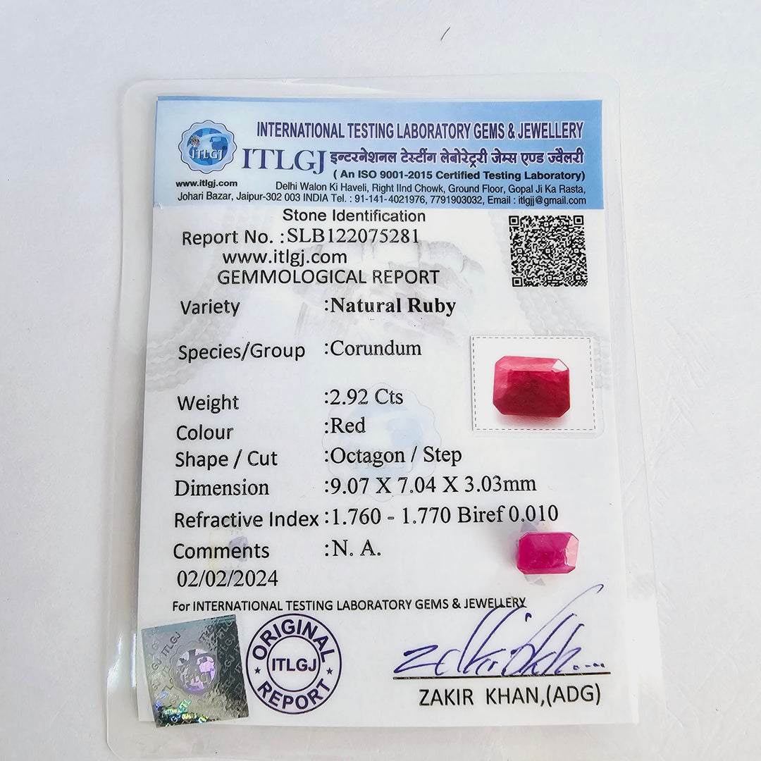 Certified Ruby (Manik) 2.93 Cts (3.22 Ratti) Mozambique