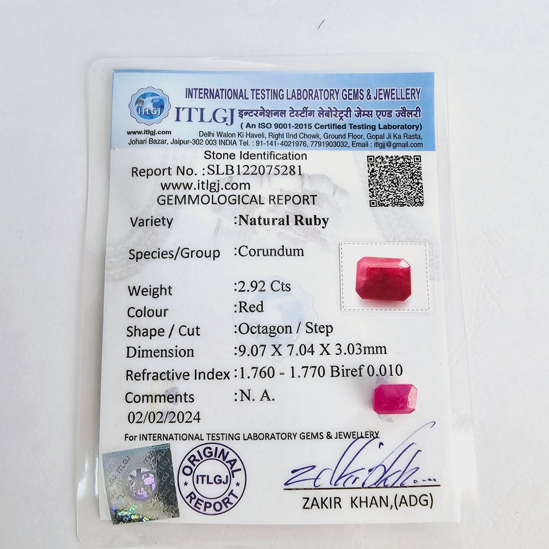 Certified Ruby (Manik) 2.93 Carats (3.22 Ratti) Mozambique, SKU:LWCI16-12