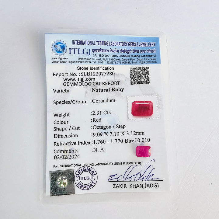 Certified Ruby (Manik) 2.30 Cts (2.53 Ratti) Mozambique