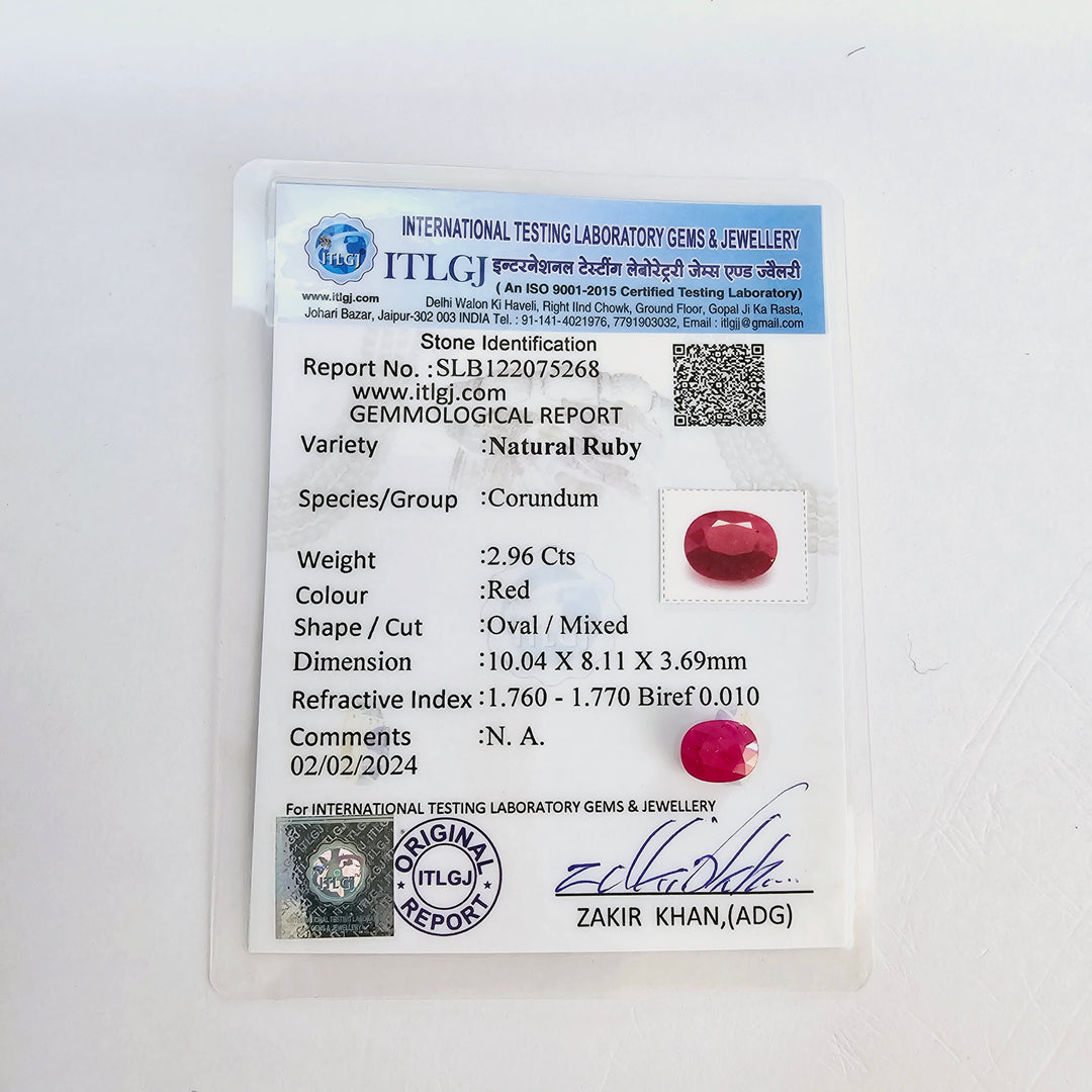 Certified Ruby (Manik) 2.95 Cts (3.25 Ratti) Mozambique