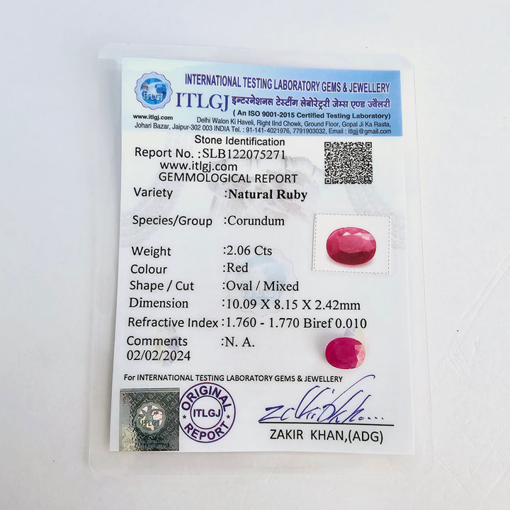 Certified Ruby (Manik) 2.05 Carats (2.26 Ratti) Mozambique, SKU:LWCI16-3