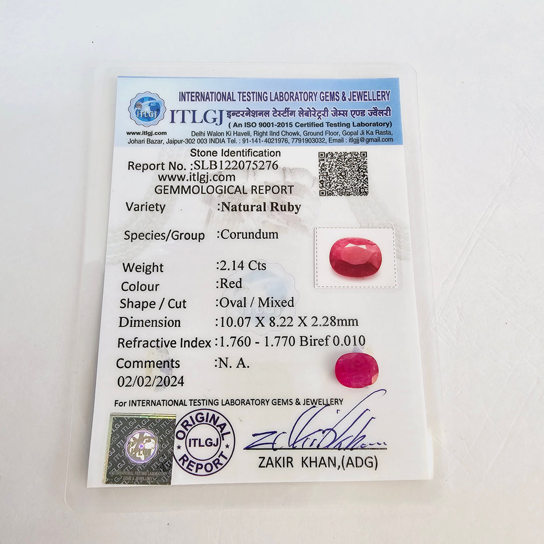 Certified Ruby (Manik) 2.15 Carats (2.37 Ratti) Mozambique, SKU:LWCI16-6