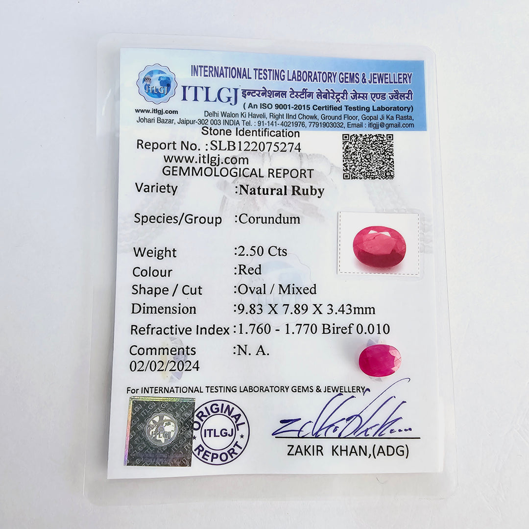 Certified Ruby (Manik) 2.48 Carats (2.73 Ratti) Mozambique, SKU:LWCI16-9