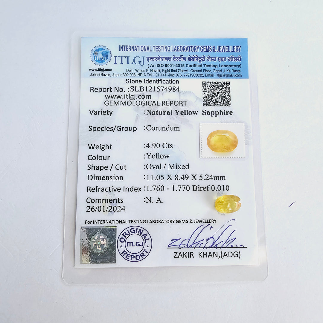 Certified Yellow Sapphire (Pukhraj) 4.90 Cts (5.39 Ratti) Thailand