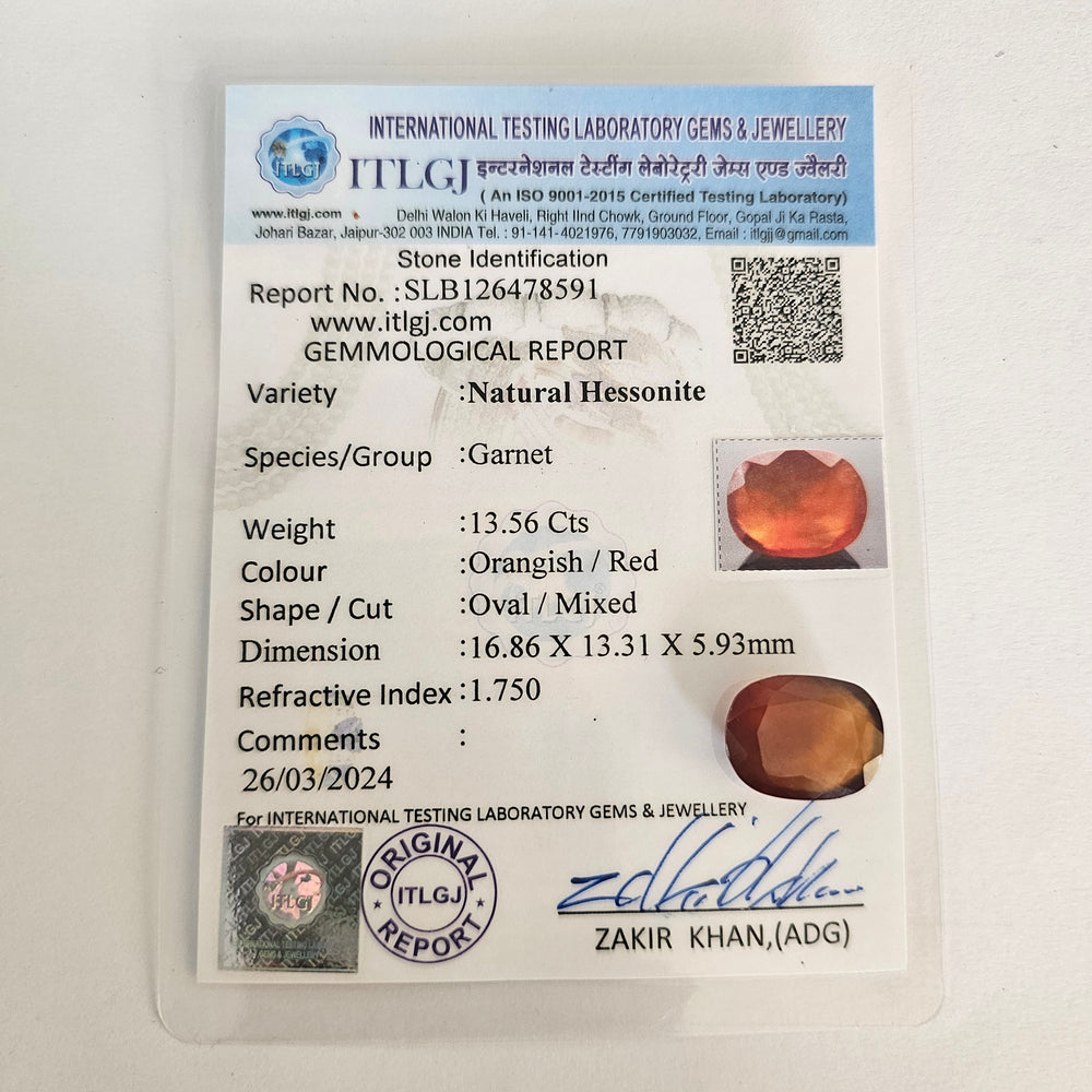 Hessonite (Gomed) 13.55 Cts (14.91 Ratti) India