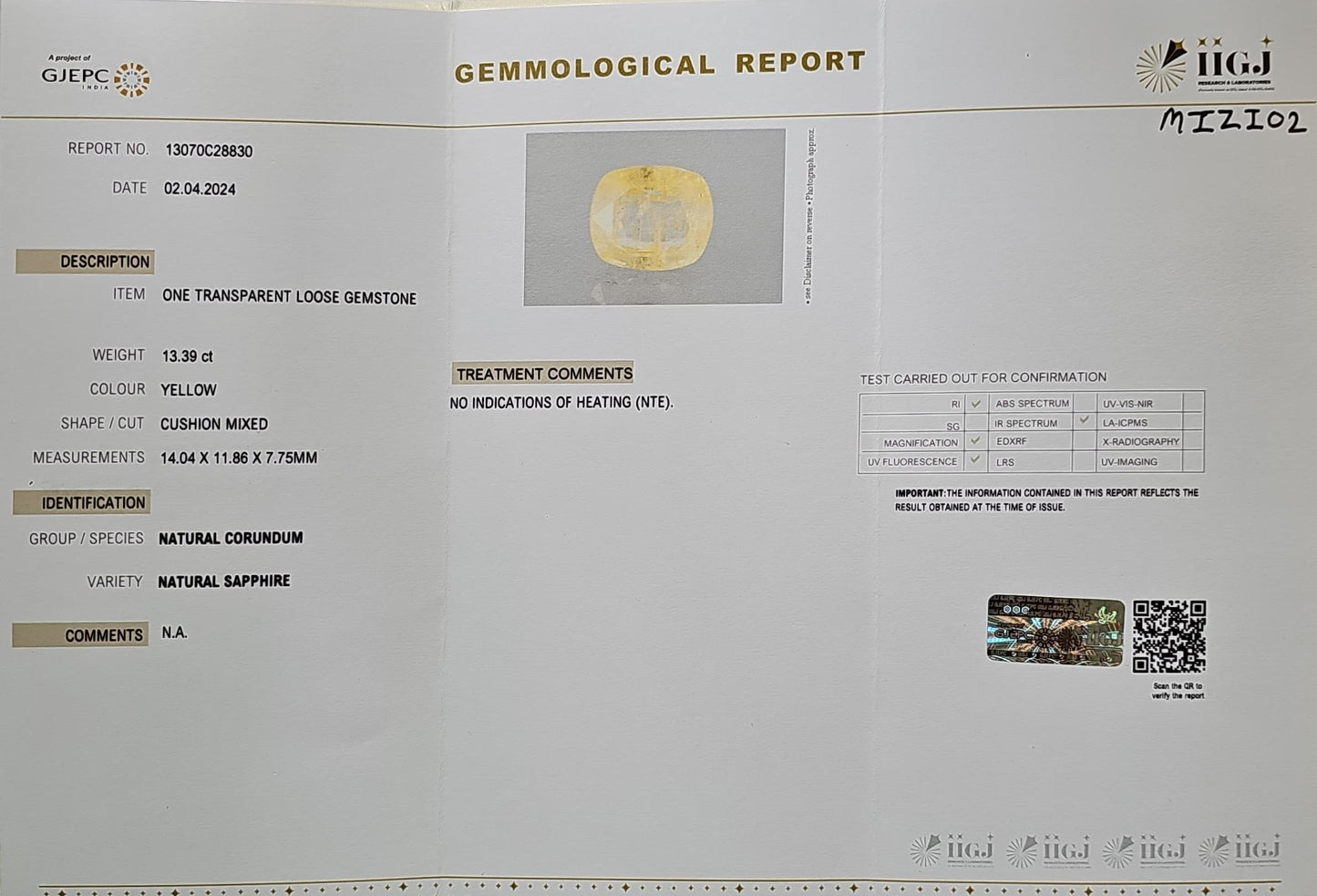 Yellow Sapphire (Pukhraj) 13.38 Cts (14.72 Ratti) Sri Lanka (Ceylon)