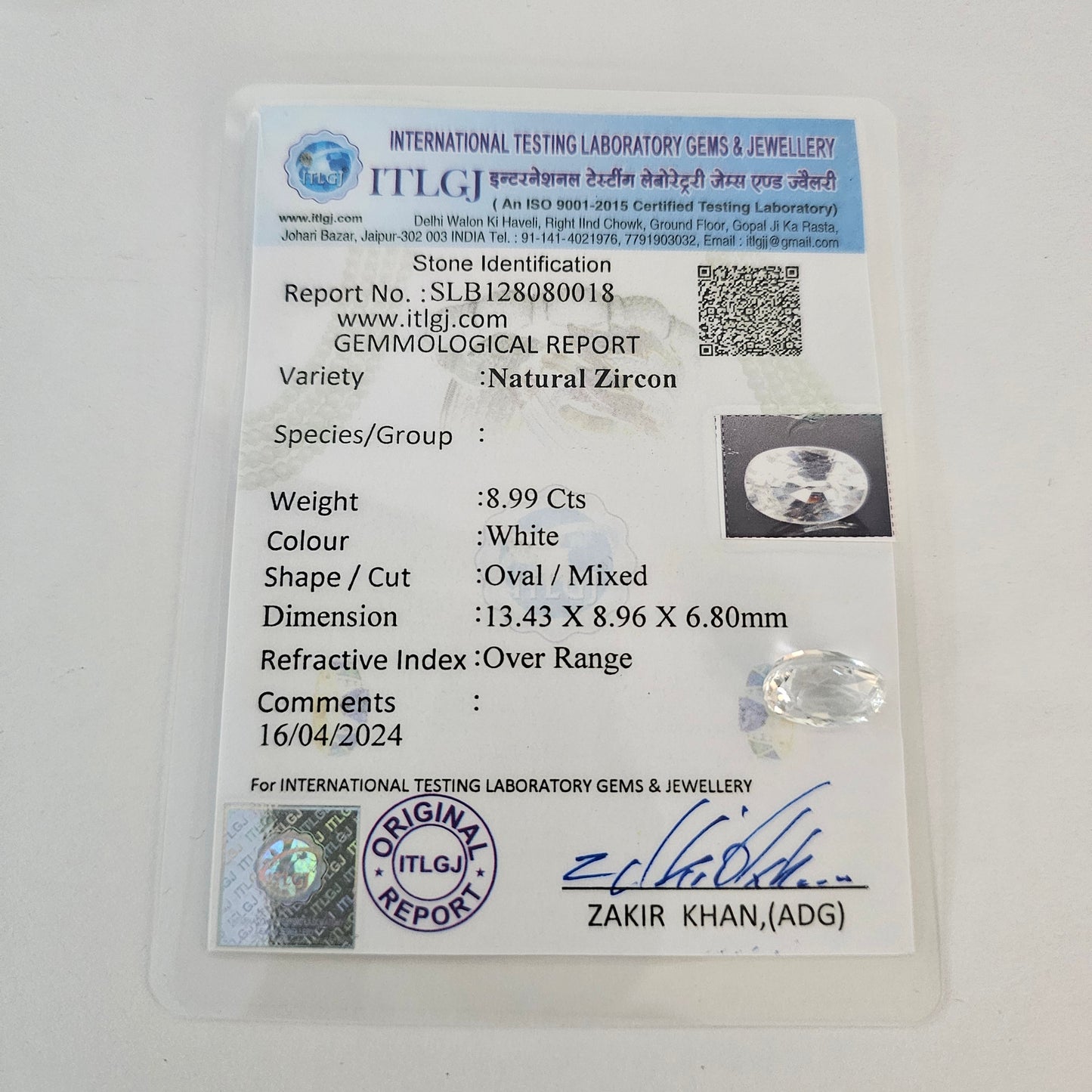 Certified White Zircon 8.99 Cts (9.88 Ratti) MKVW27