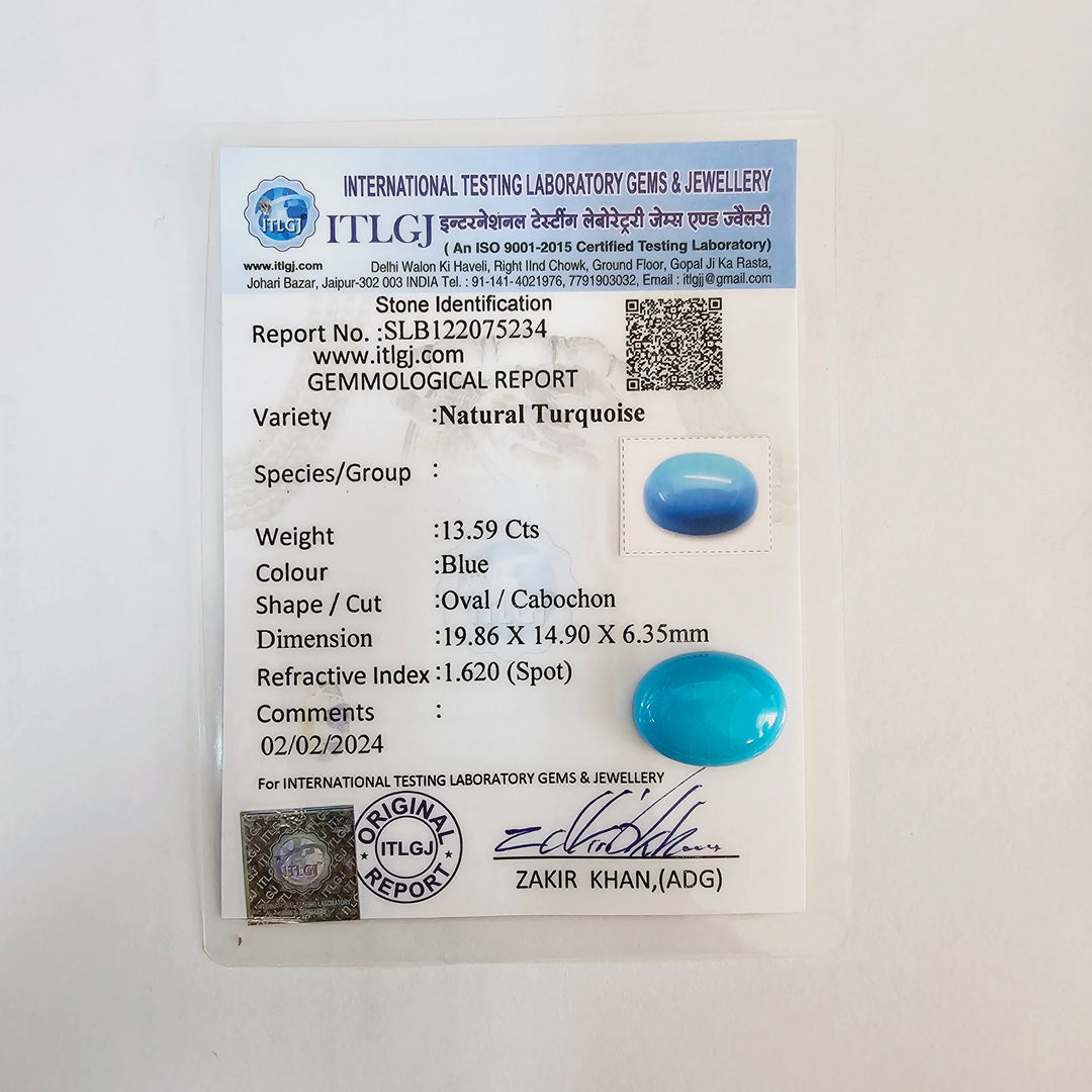 Certified Arizona Turquoise (Firoza) Oval 13.60 Cts (14.96 Ratti)