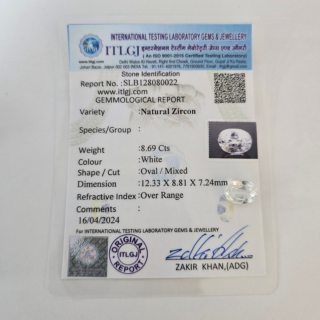 Certified White Zircon 8.68 Cts (9.55 Ratti)