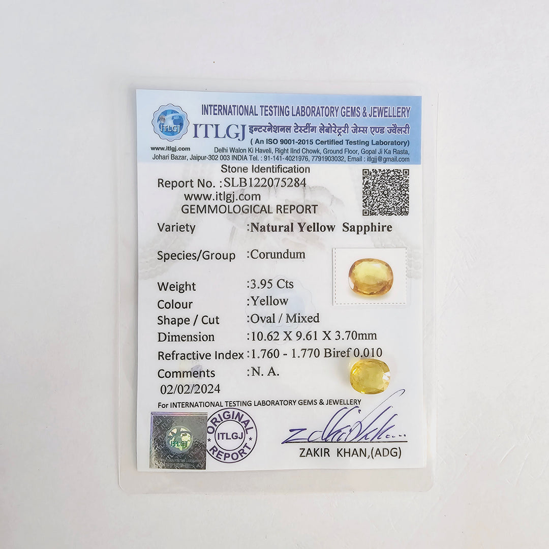 Certified Yellow Sapphire (Pukhraj) 3.95 Cts (4.34 Ratti) Thailand