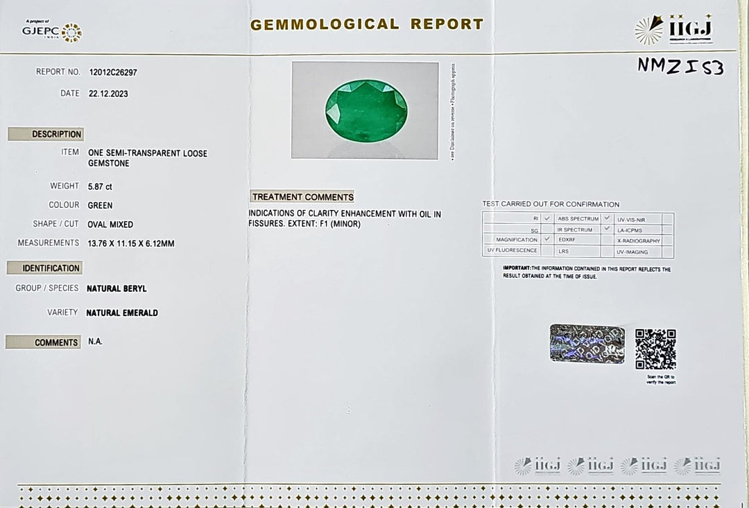 Certified Zambian Emerald (Panna) 5.87 Carats (6.46 Ratti) Zambia