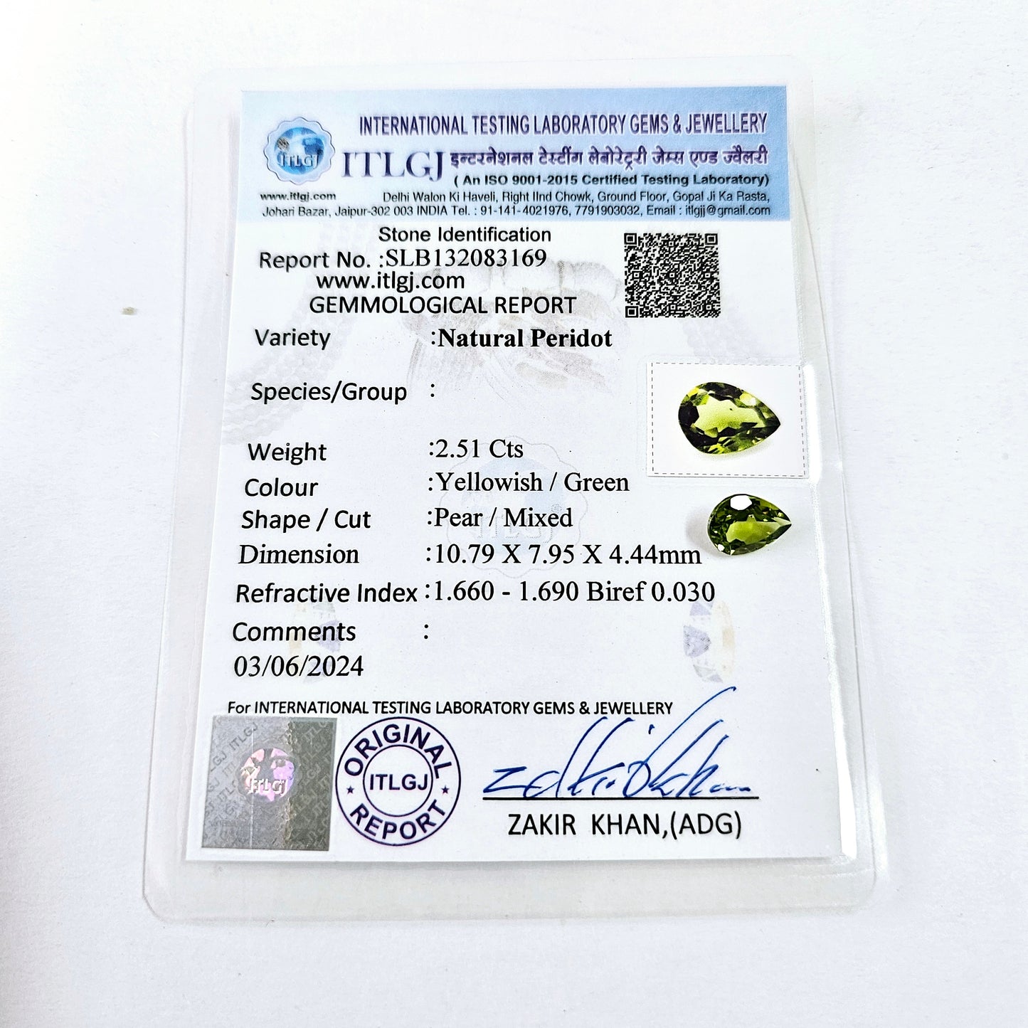 Certified Peridot Pear 2.51 Carats - NP0323