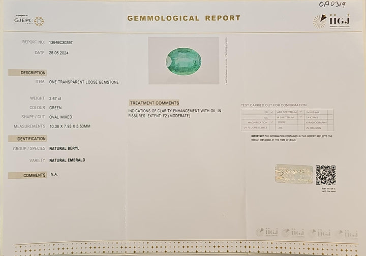 Certified Zambian Emerald (Panna)-2.67 Carats (2.94 Ratti) Zambia, SKU:OA0319