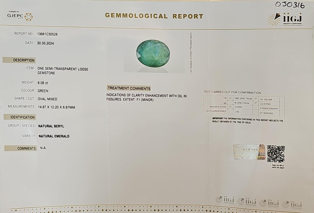 Certified Zambian Emerald (Panna)-8.12 Carats (8.93 Ratti) Zambia