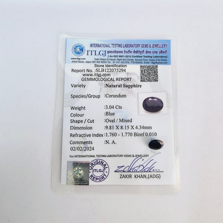 Certified Blue Sapphire (Neelam) 3.03 Cts (3.33 Ratti) Madagascar