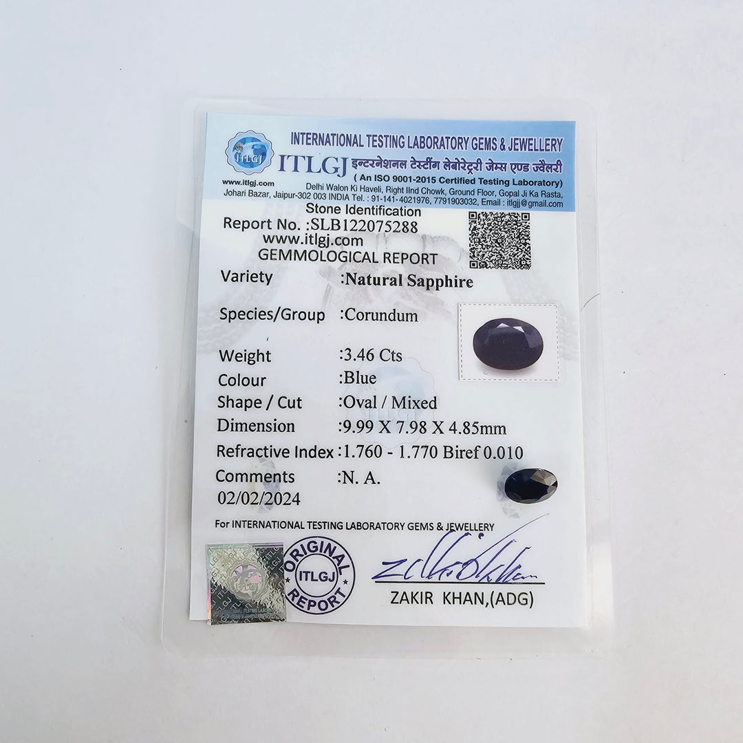 Certified Blue Sapphire (Neelam) 3.45 Cts (3.80 Ratti) Madagascar