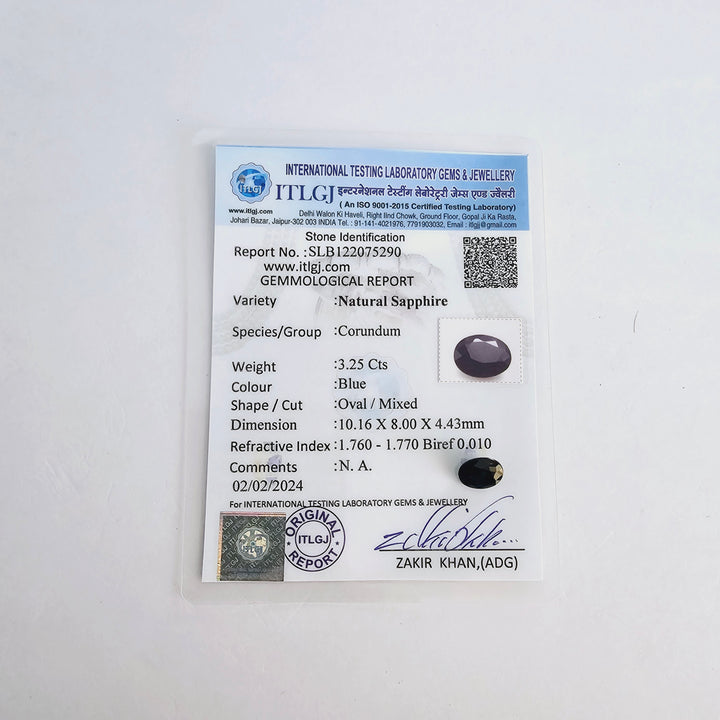 Certified Blue Sapphire (Neelam) 3.25 Cts (3.58 Ratti) Madagascar