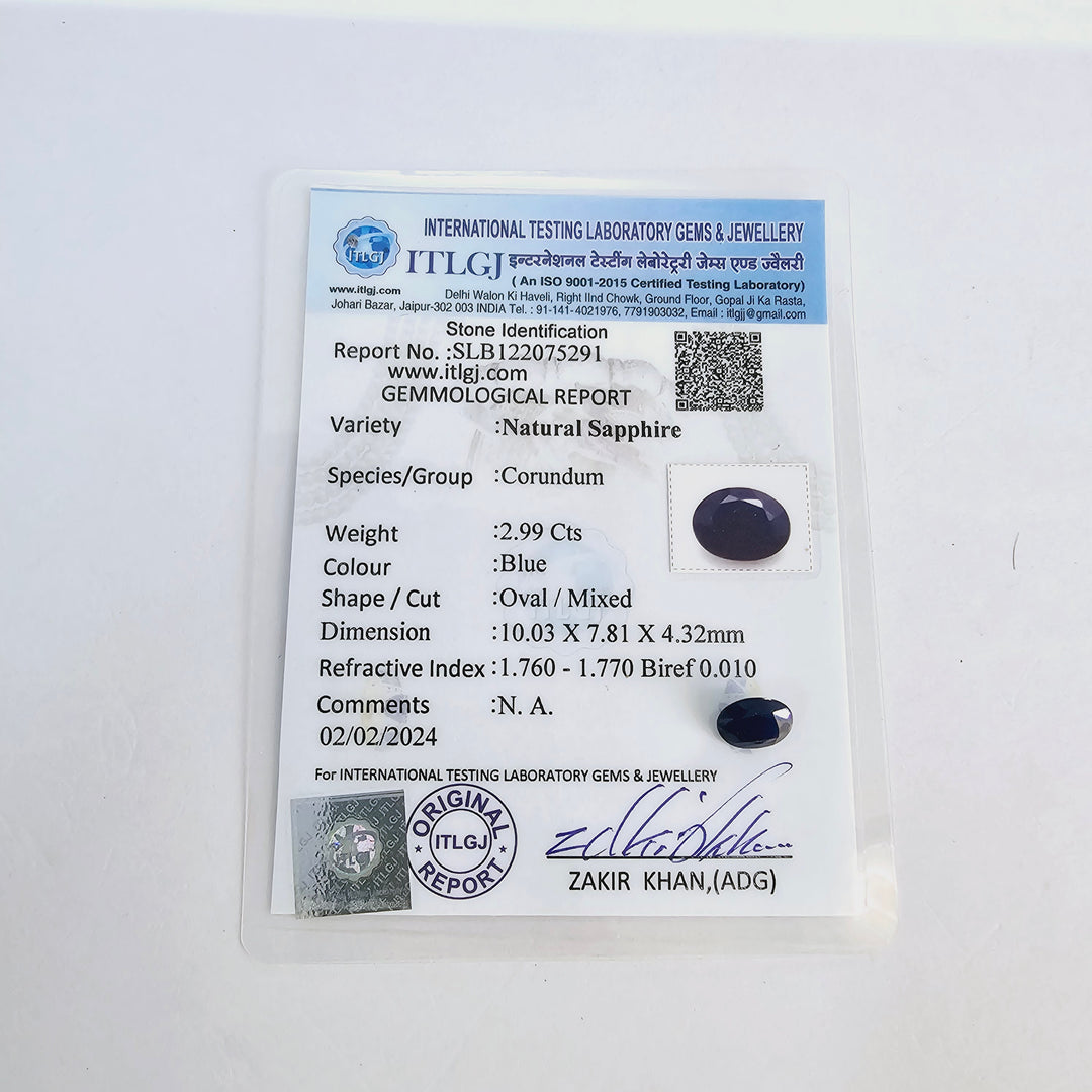 Certified Blue Sapphire (Neelam) 2.97 Cts (3.27 Ratti) Madagascar