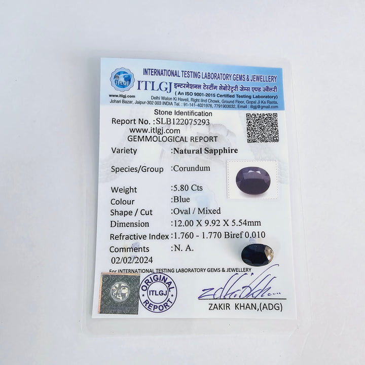 Certified Blue Sapphire (Neelam) 5.80 Cts (6.38 Ratti) Madagascar
