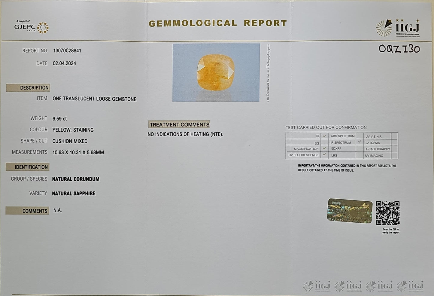 Certified Yellow Sapphire-6.59 Carats (7.24 Ratti) Burma, SKU: OQZI30